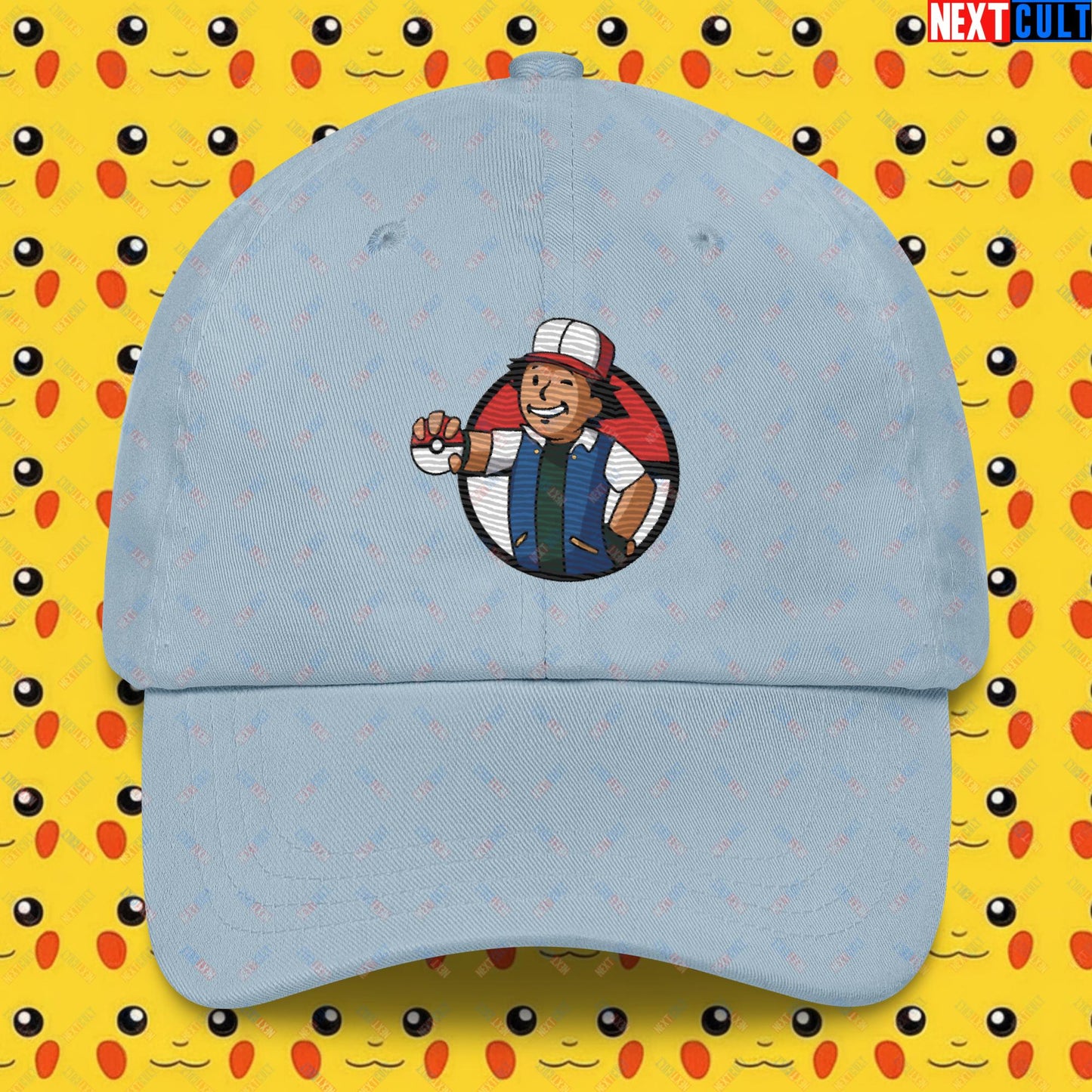 Pokemon Vault Boy Fallout Funny Meme Cartoon Mashup Dad hat Light Blue Hats Fallout Pokemon TV Shows Vault Boy Next Cult Brand
