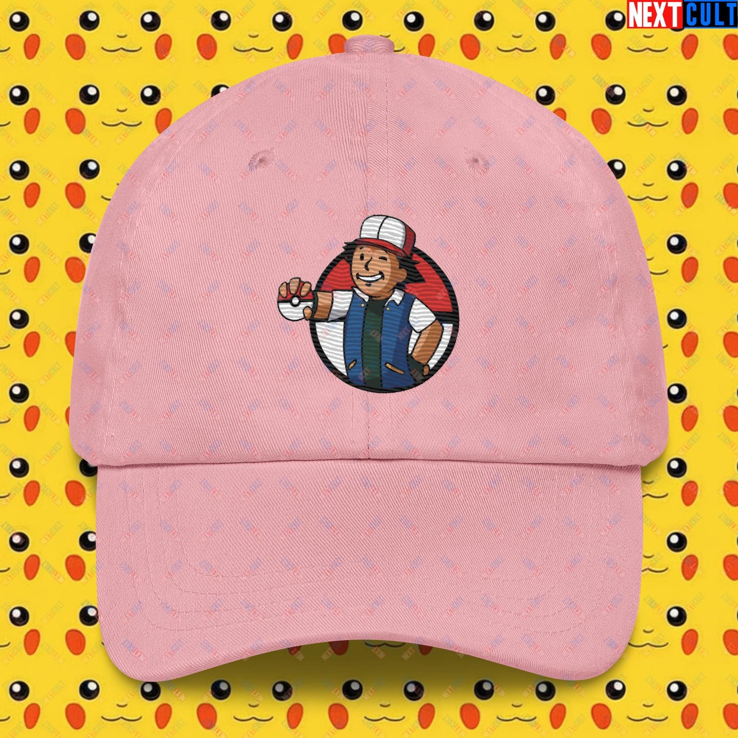 Pokemon Vault Boy Fallout Funny Meme Cartoon Mashup Dad hat Pink Hats Fallout Pokemon TV Shows Vault Boy Next Cult Brand