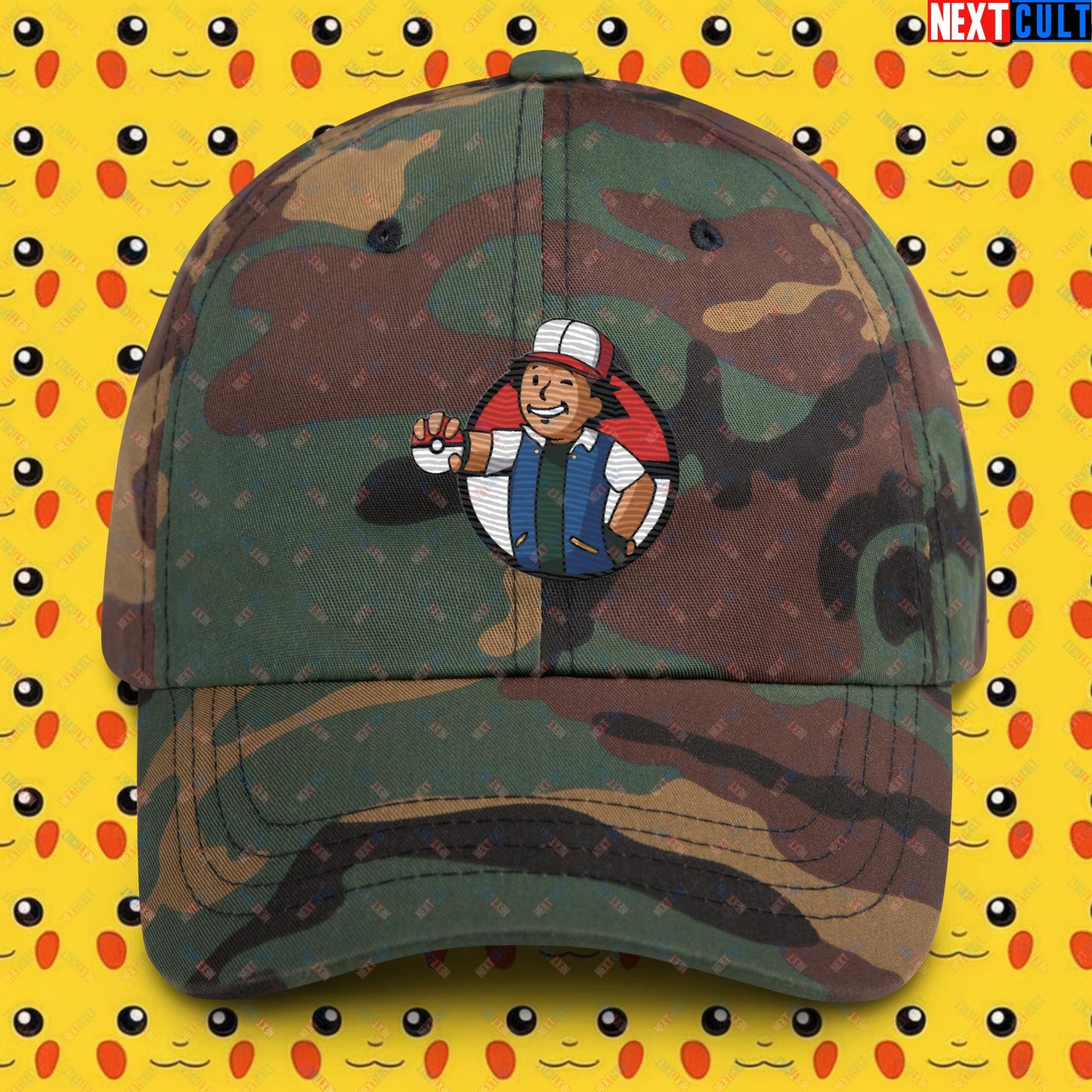 Pokemon Vault Boy Fallout Funny Meme Cartoon Mashup Dad hat Green Camo Hats Fallout Pokemon TV Shows Vault Boy Next Cult Brand