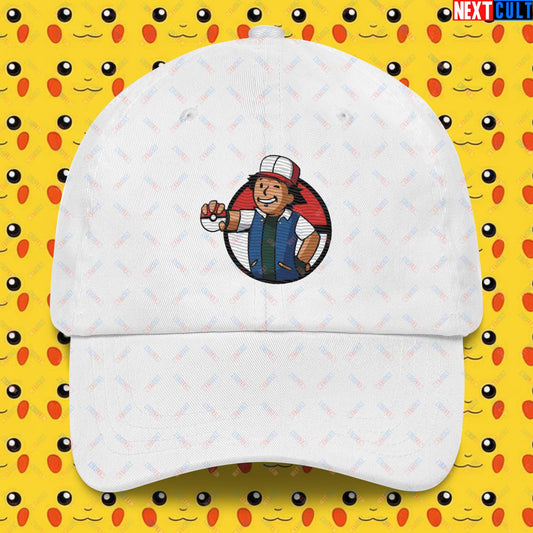 Pokemon Vault Boy Fallout Funny Meme Cartoon Mashup Dad hat White Hats Fallout Pokemon TV Shows Vault Boy Next Cult Brand