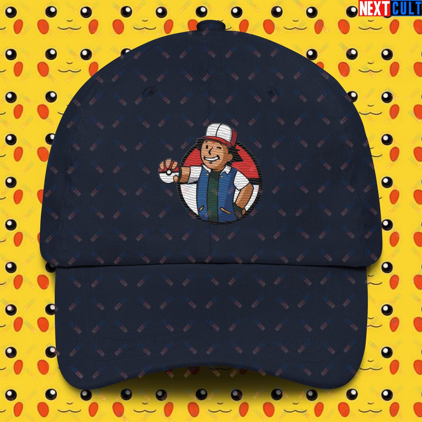 Pokemon Vault Boy Fallout Funny Meme Cartoon Mashup Dad hat Navy Hats Fallout Pokemon TV Shows Vault Boy Next Cult Brand