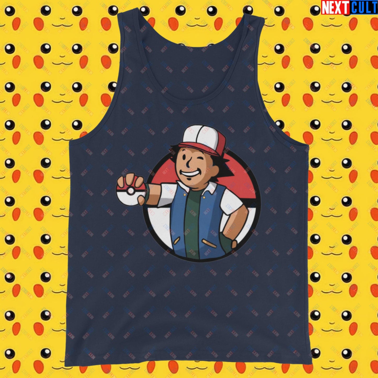 Pokemon Vault Boy Fallout Funny Meme Cartoon Mashup Tank Top Navy Tank Tops Fallout Pokemon TV Shows Vault Boy Next Cult Brand