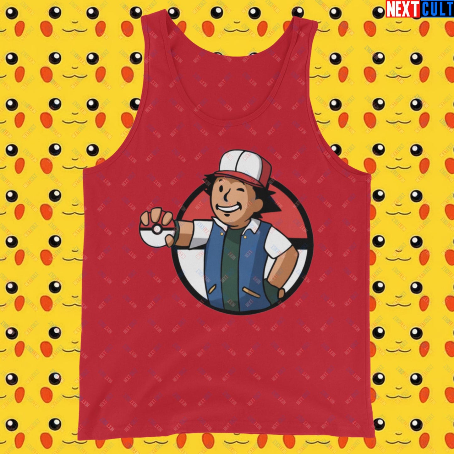 Pokemon Vault Boy Fallout Funny Meme Cartoon Mashup Tank Top Red Tank Tops Fallout Pokemon TV Shows Vault Boy Next Cult Brand