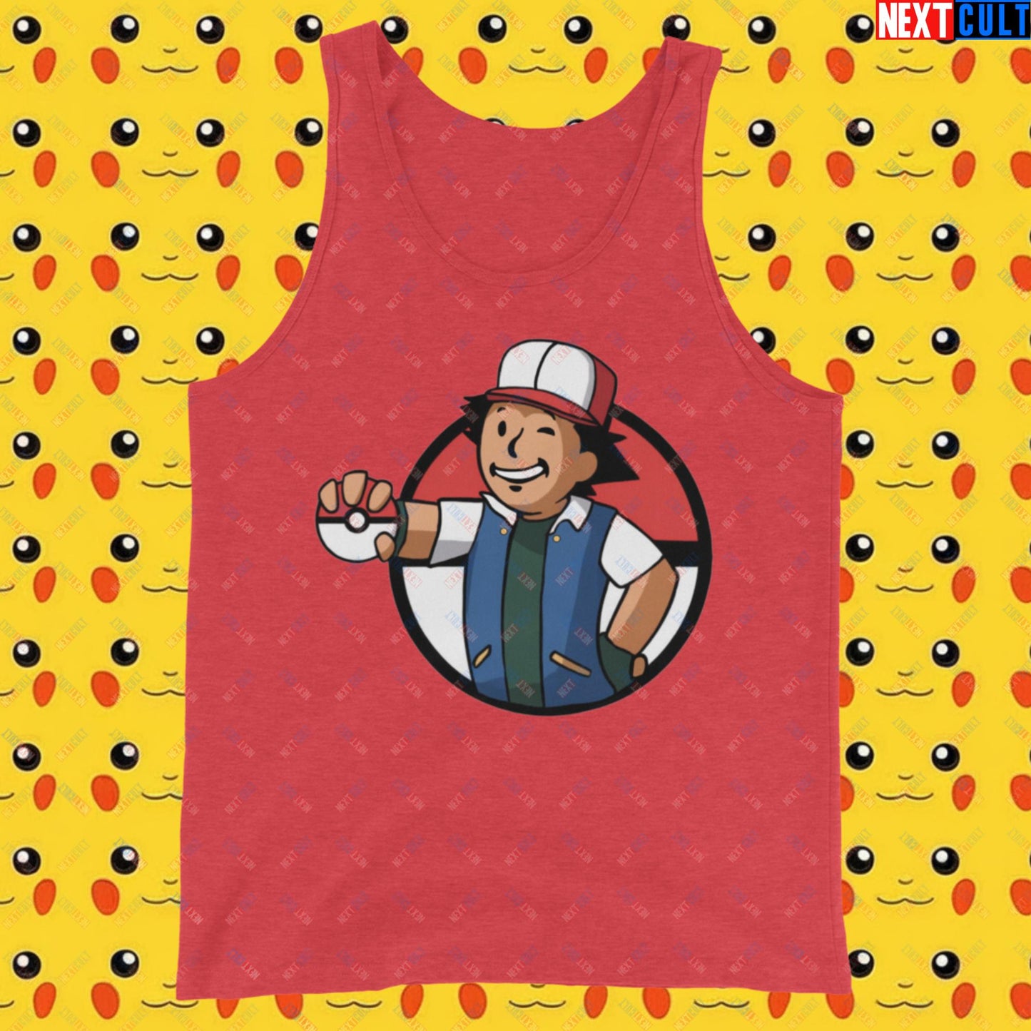 Pokemon Vault Boy Fallout Funny Meme Cartoon Mashup Tank Top Red Triblend Tank Tops Fallout Pokemon TV Shows Vault Boy Next Cult Brand