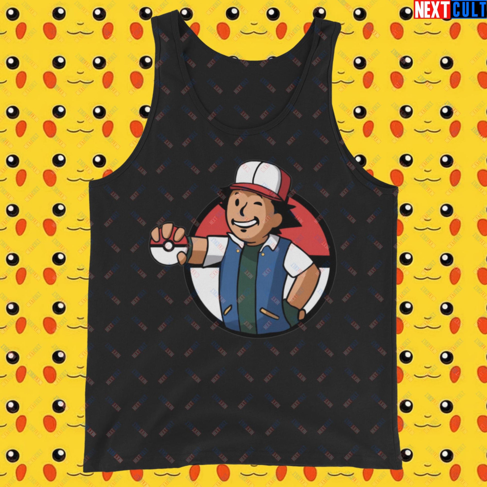 Pokemon Vault Boy Fallout Funny Meme Cartoon Mashup Tank Top Black Tank Tops Fallout Pokemon TV Shows Vault Boy Next Cult Brand