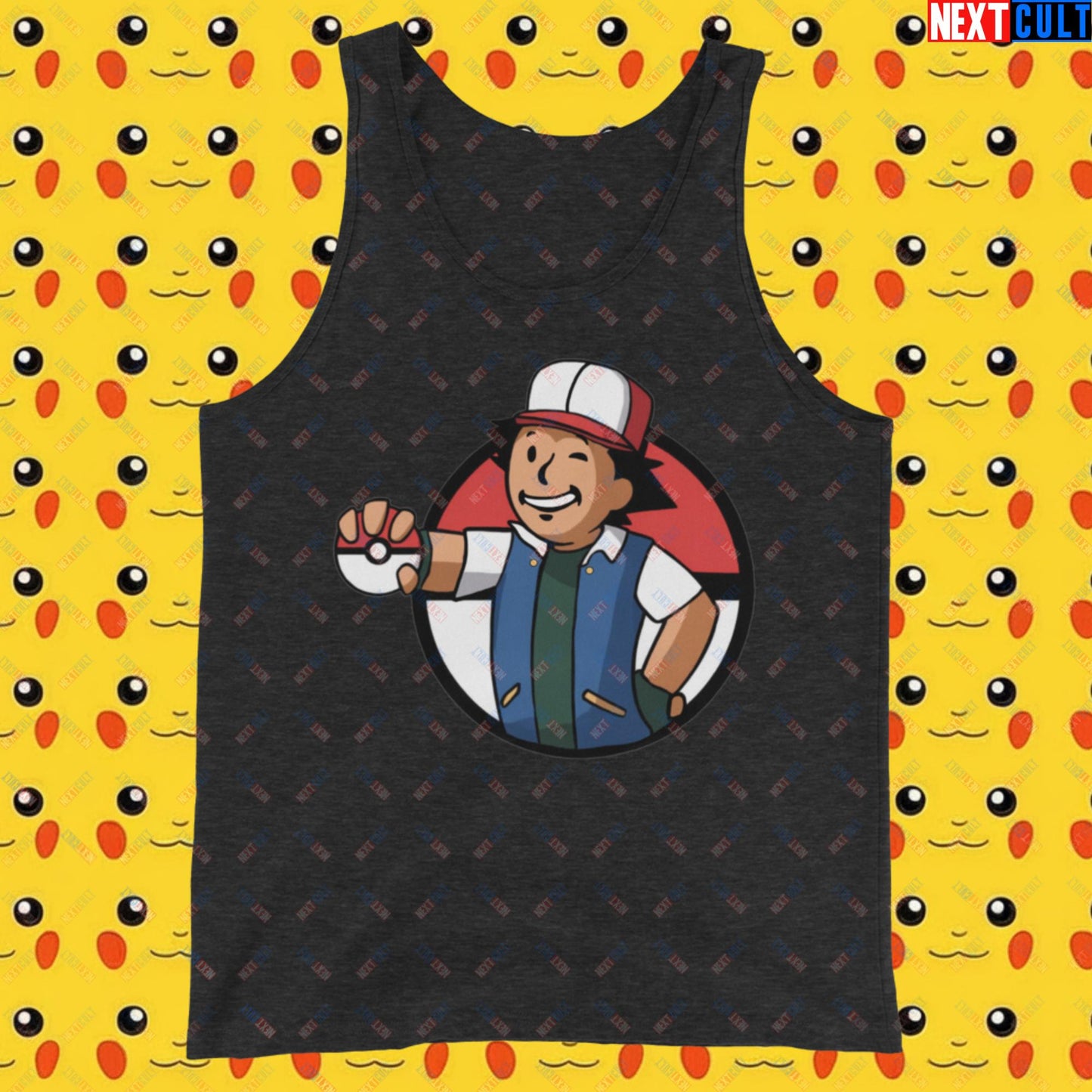 Pokemon Vault Boy Fallout Funny Meme Cartoon Mashup Tank Top Charcoal-Black Triblend Tank Tops Fallout Pokemon TV Shows Vault Boy Next Cult Brand
