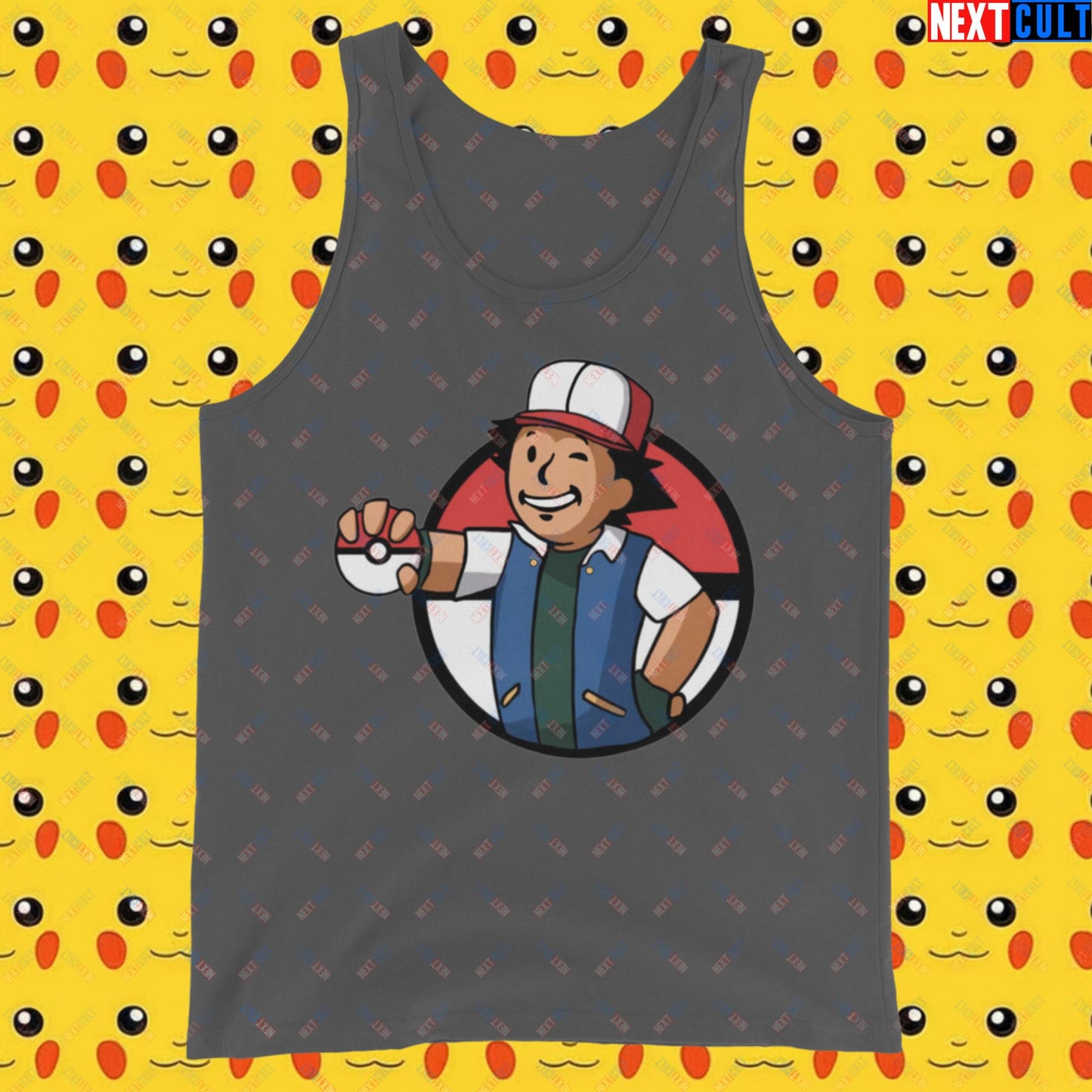 Pokemon Vault Boy Fallout Funny Meme Cartoon Mashup Tank Top Asphalt Tank Tops Fallout Pokemon TV Shows Vault Boy Next Cult Brand