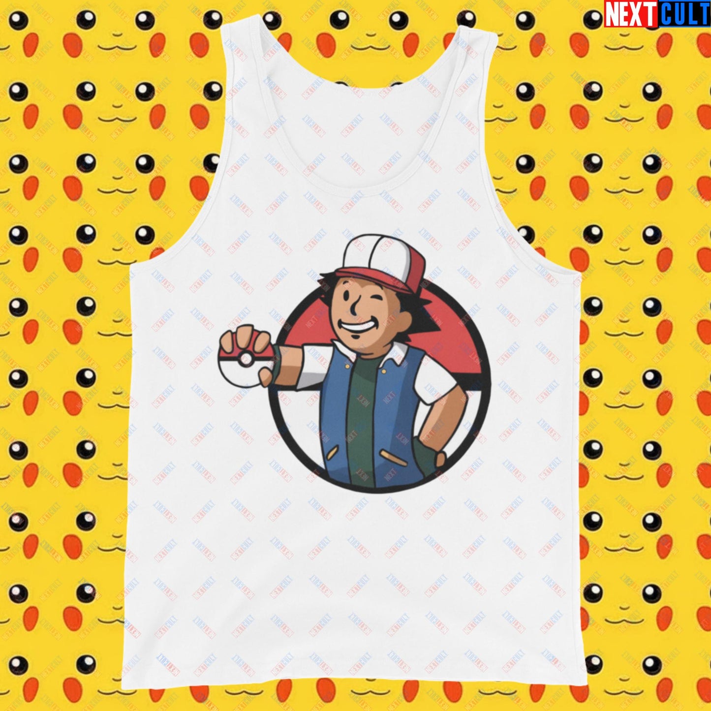 Pokemon Vault Boy Fallout Funny Meme Cartoon Mashup Tank Top White Tank Tops Fallout Pokemon TV Shows Vault Boy Next Cult Brand