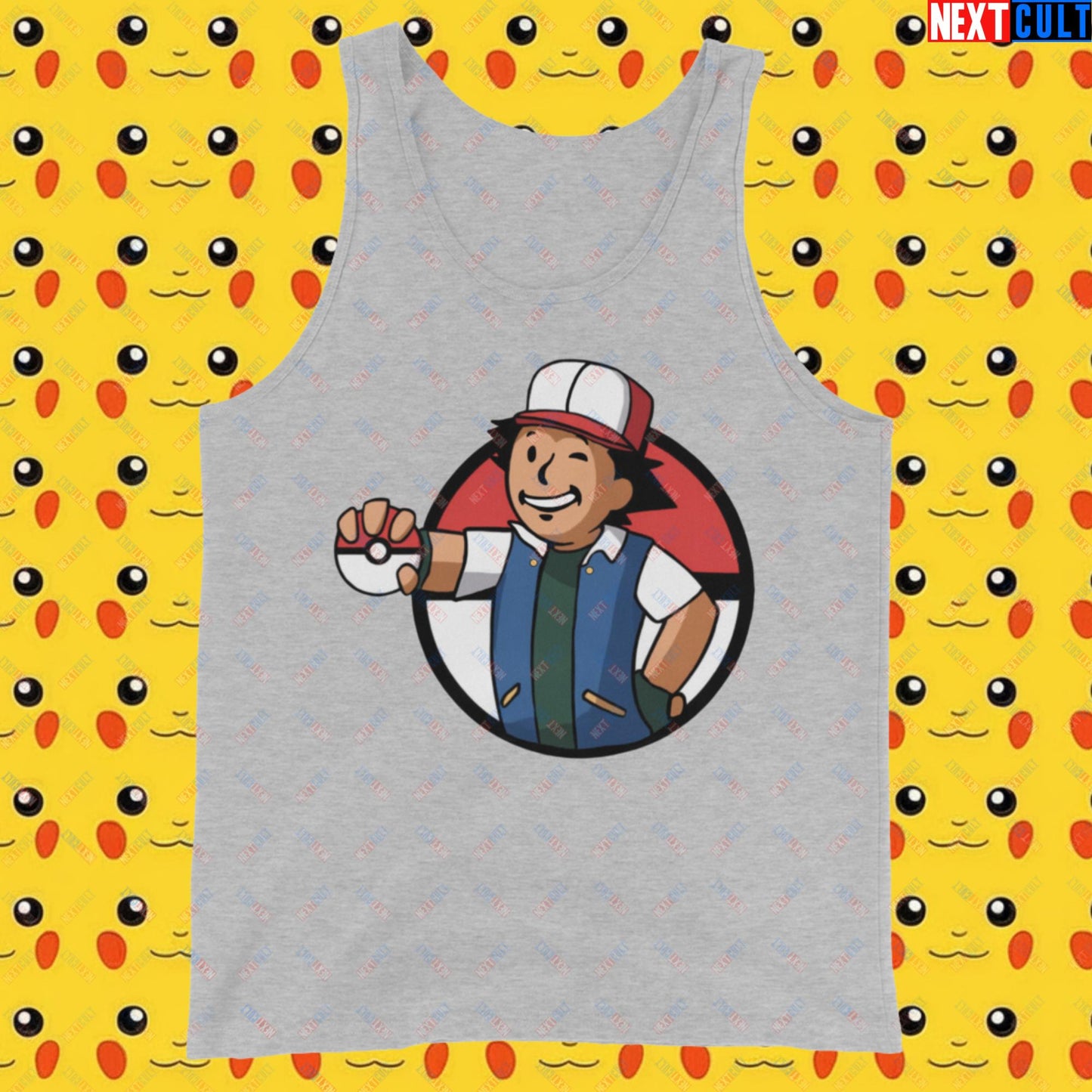 Pokemon Vault Boy Fallout Funny Meme Cartoon Mashup Tank Top Athletic Heather Tank Tops Fallout Pokemon TV Shows Vault Boy Next Cult Brand