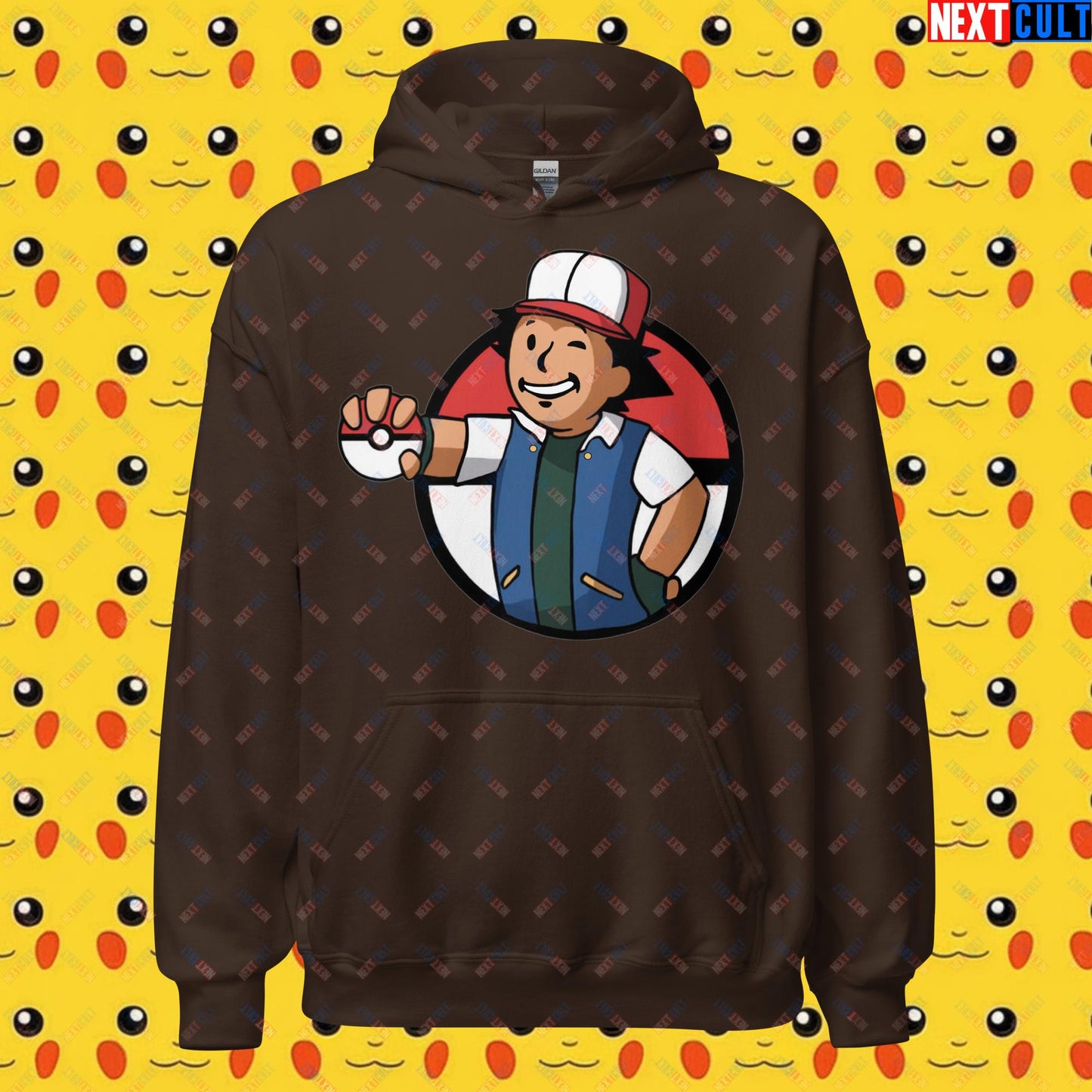 Pokemon Vault Boy Fallout Funny Meme Cartoon Mashup Unisex Hoodie Dark Chocolate Hoodies Fallout Pokemon TV Shows Vault Boy Next Cult Brand