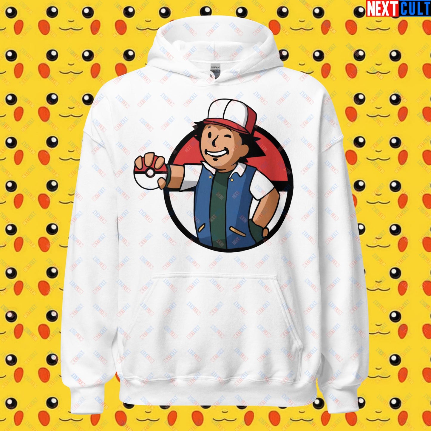 Pokemon Vault Boy Fallout Funny Meme Cartoon Mashup Unisex Hoodie White Hoodies Fallout Pokemon TV Shows Vault Boy Next Cult Brand