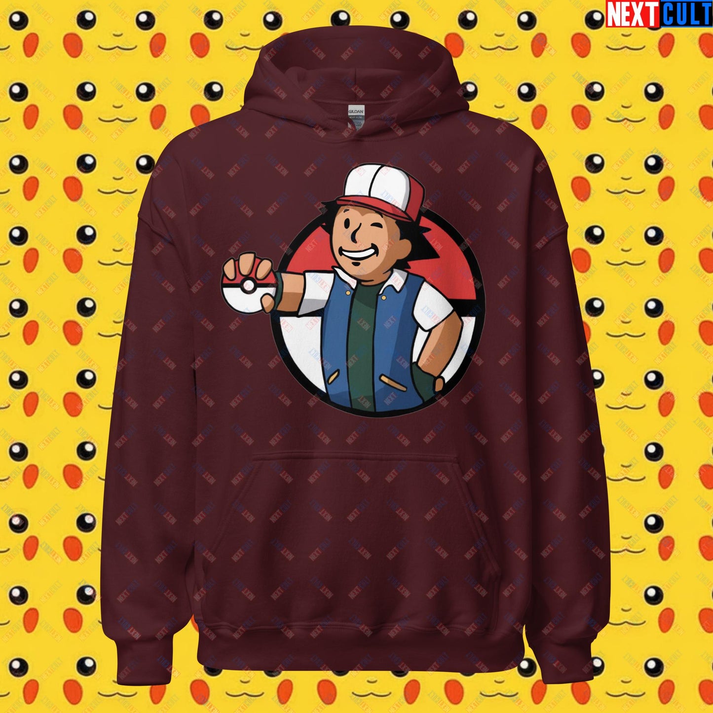 Pokemon Vault Boy Fallout Funny Meme Cartoon Mashup Unisex Hoodie Maroon Hoodies Fallout Pokemon TV Shows Vault Boy Next Cult Brand
