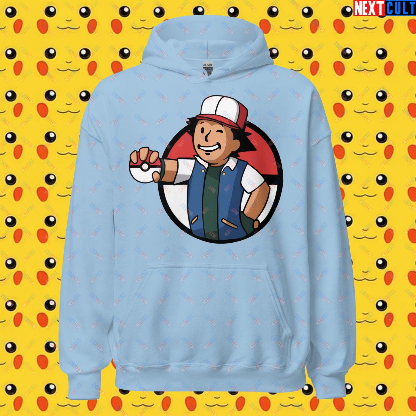 Pokemon Vault Boy Fallout Funny Meme Cartoon Mashup Unisex Hoodie Light Blue Hoodies Fallout Pokemon TV Shows Vault Boy Next Cult Brand