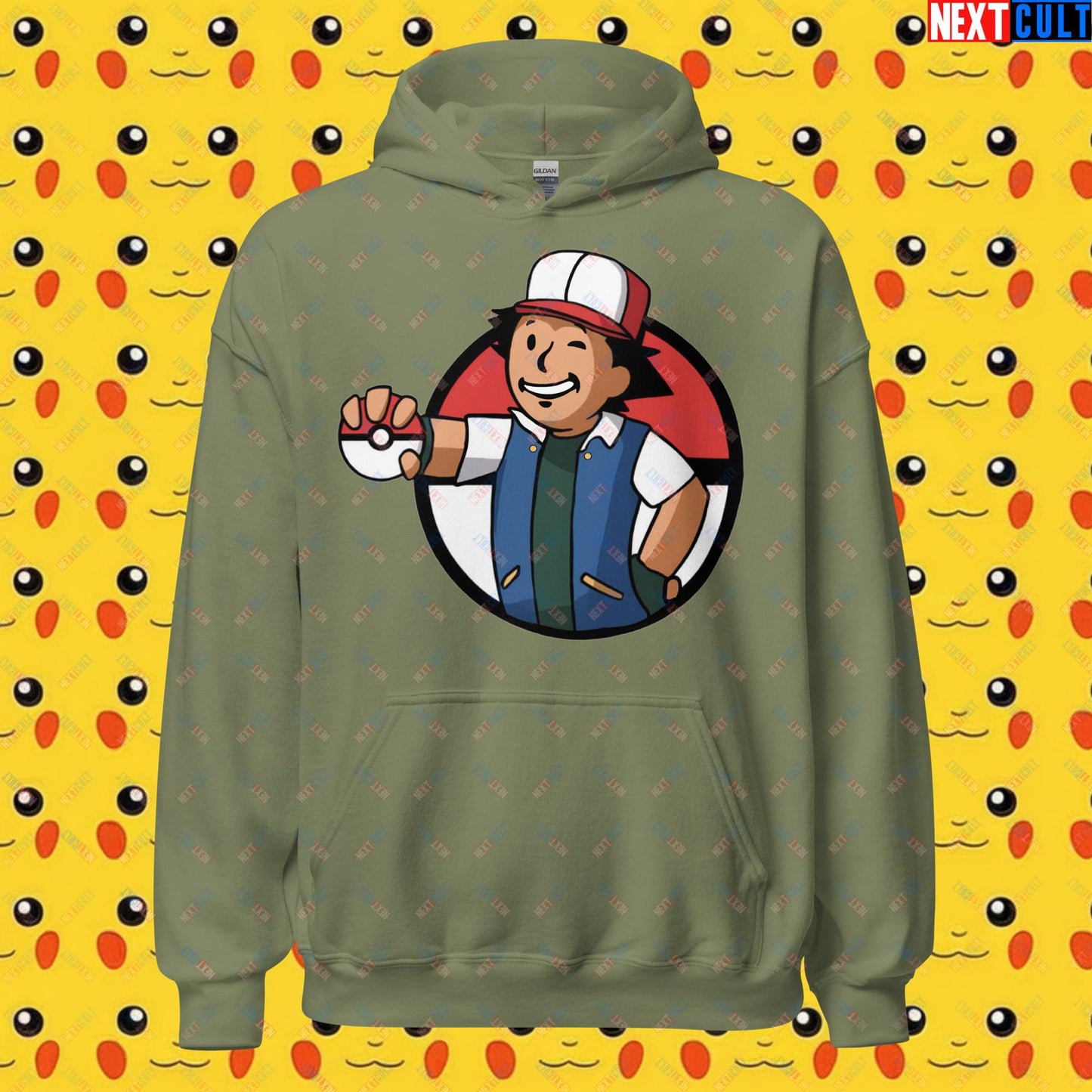Pokemon Vault Boy Fallout Funny Meme Cartoon Mashup Unisex Hoodie Military Green Hoodies Fallout Pokemon TV Shows Vault Boy Next Cult Brand