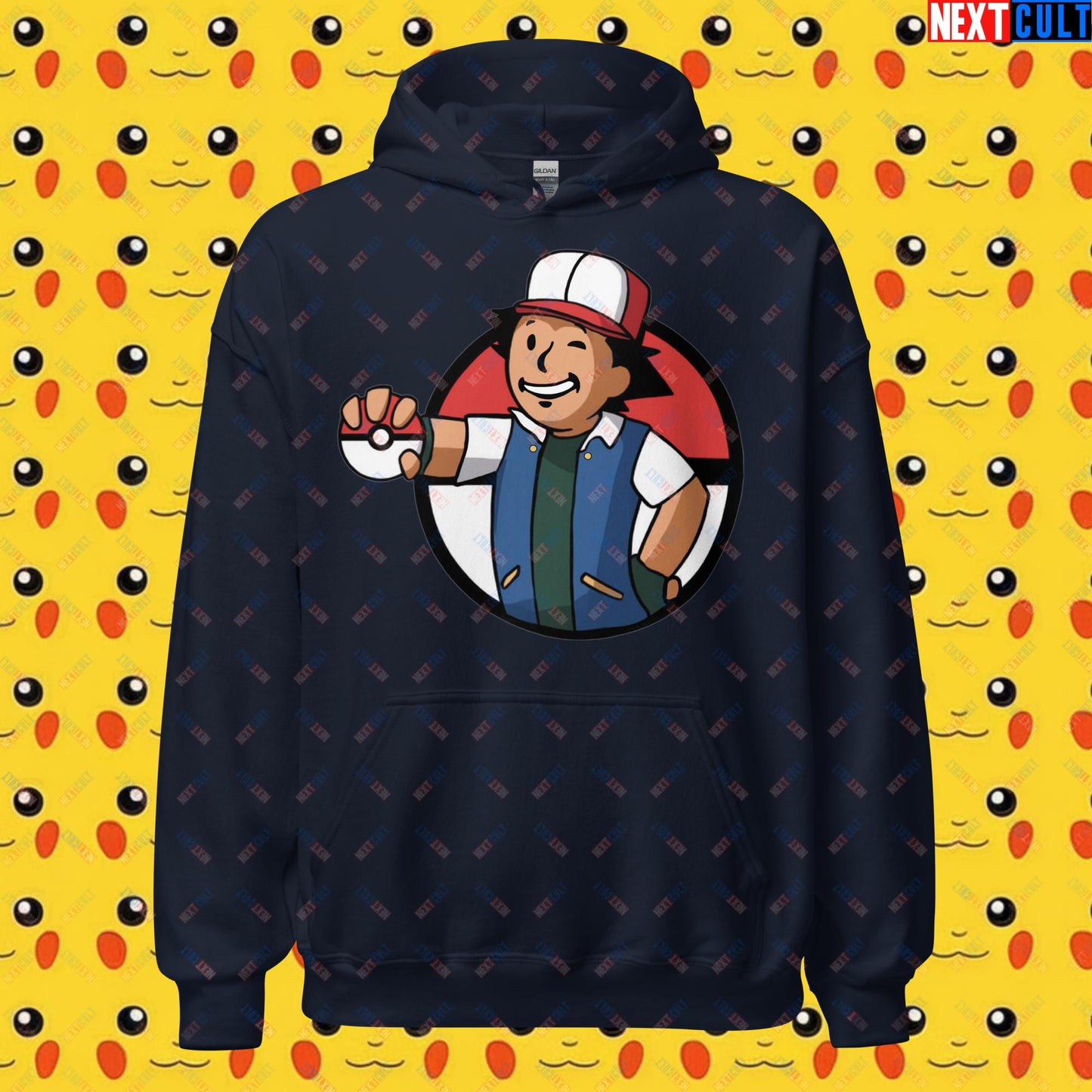 Pokemon Vault Boy Fallout Funny Meme Cartoon Mashup Unisex Hoodie Navy Hoodies Fallout Pokemon TV Shows Vault Boy Next Cult Brand