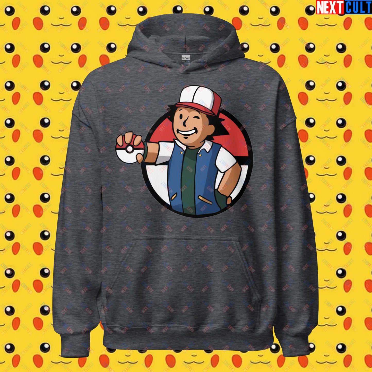 Pokemon Vault Boy Fallout Funny Meme Cartoon Mashup Unisex Hoodie Dark Heather Hoodies Fallout Pokemon TV Shows Vault Boy Next Cult Brand