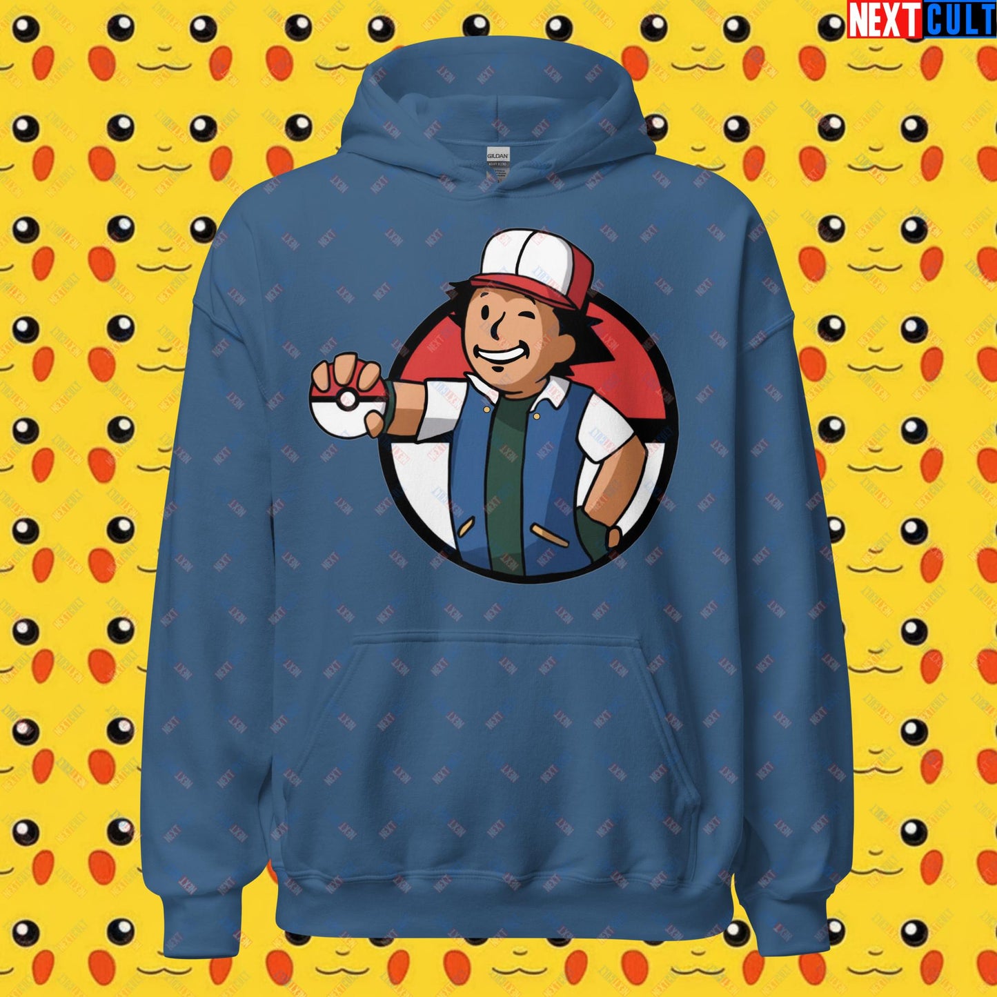 Pokemon Vault Boy Fallout Funny Meme Cartoon Mashup Unisex Hoodie Indigo Blue Hoodies Fallout Pokemon TV Shows Vault Boy Next Cult Brand