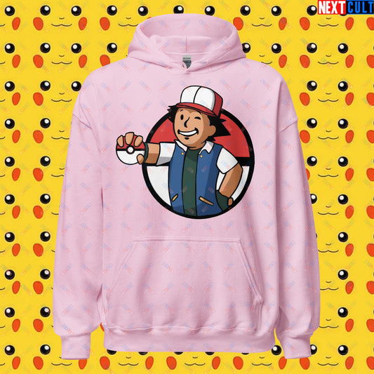 Pokemon Vault Boy Fallout Funny Meme Cartoon Mashup Unisex Hoodie Light Pink Hoodies Fallout Pokemon TV Shows Vault Boy Next Cult Brand