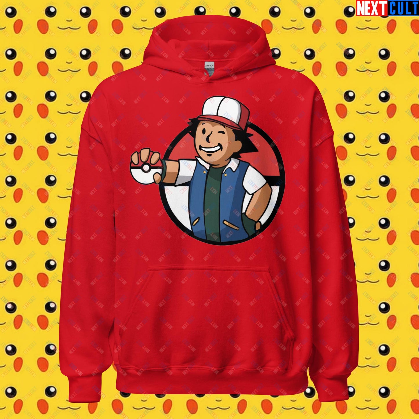 Pokemon Vault Boy Fallout Funny Meme Cartoon Mashup Unisex Hoodie Red Hoodies Fallout Pokemon TV Shows Vault Boy Next Cult Brand