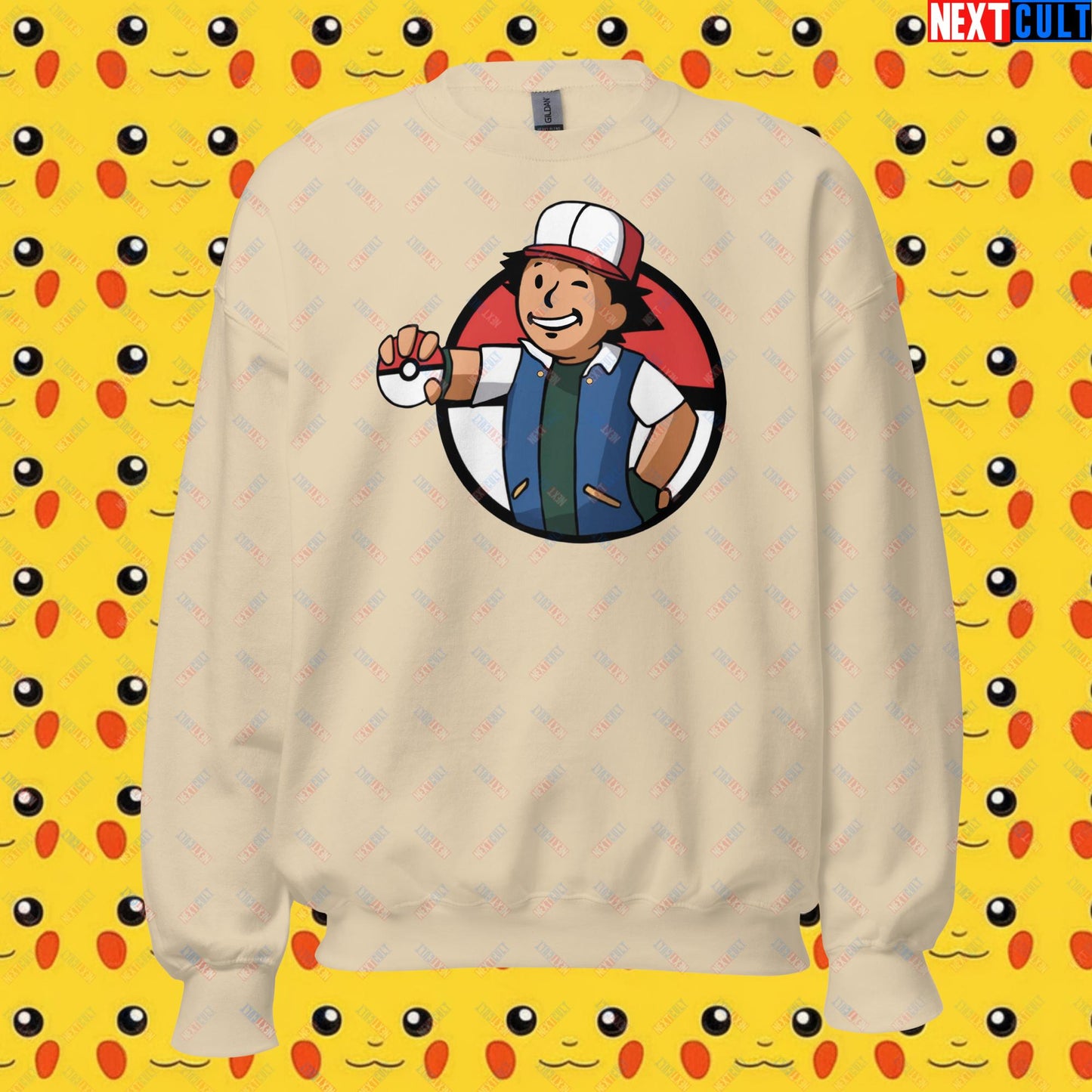 Pokemon Vault Boy Fallout Funny Meme Cartoon Mashup Unisex Sweatshirt Sand Sweatshirts Fallout Pokemon TV Shows Vault Boy Next Cult Brand