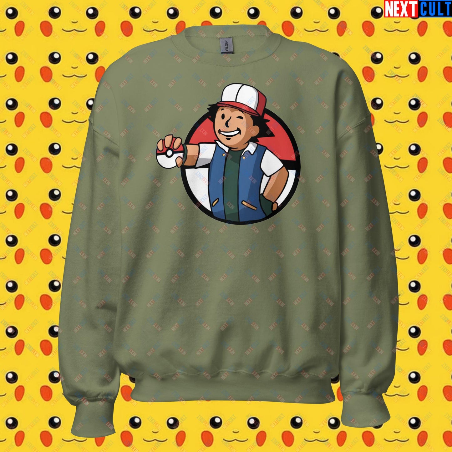 Pokemon Vault Boy Fallout Funny Meme Cartoon Mashup Unisex Sweatshirt Military Green Sweatshirts Fallout Pokemon TV Shows Vault Boy Next Cult Brand