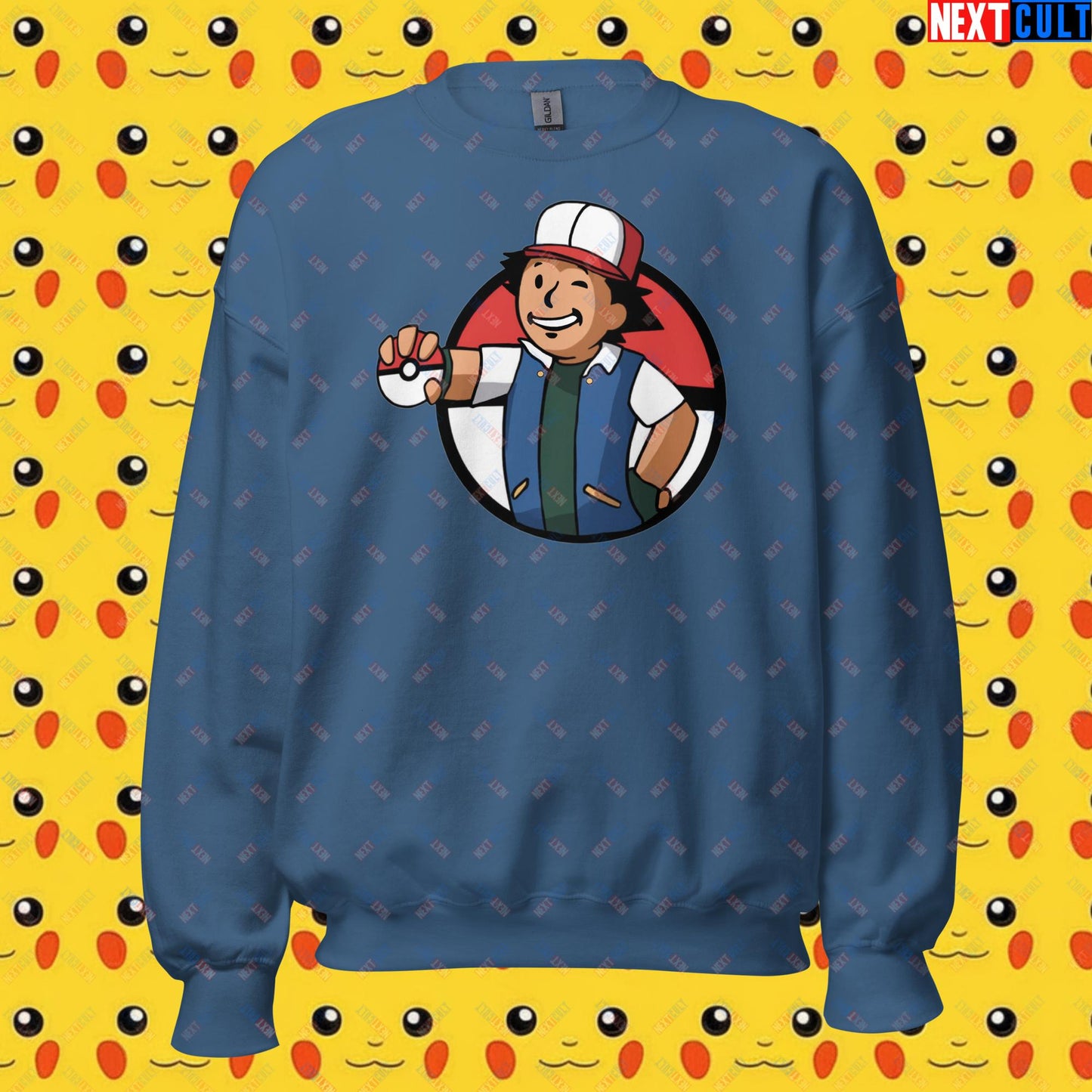 Pokemon Vault Boy Fallout Funny Meme Cartoon Mashup Unisex Sweatshirt Indigo Blue Sweatshirts Fallout Pokemon TV Shows Vault Boy Next Cult Brand