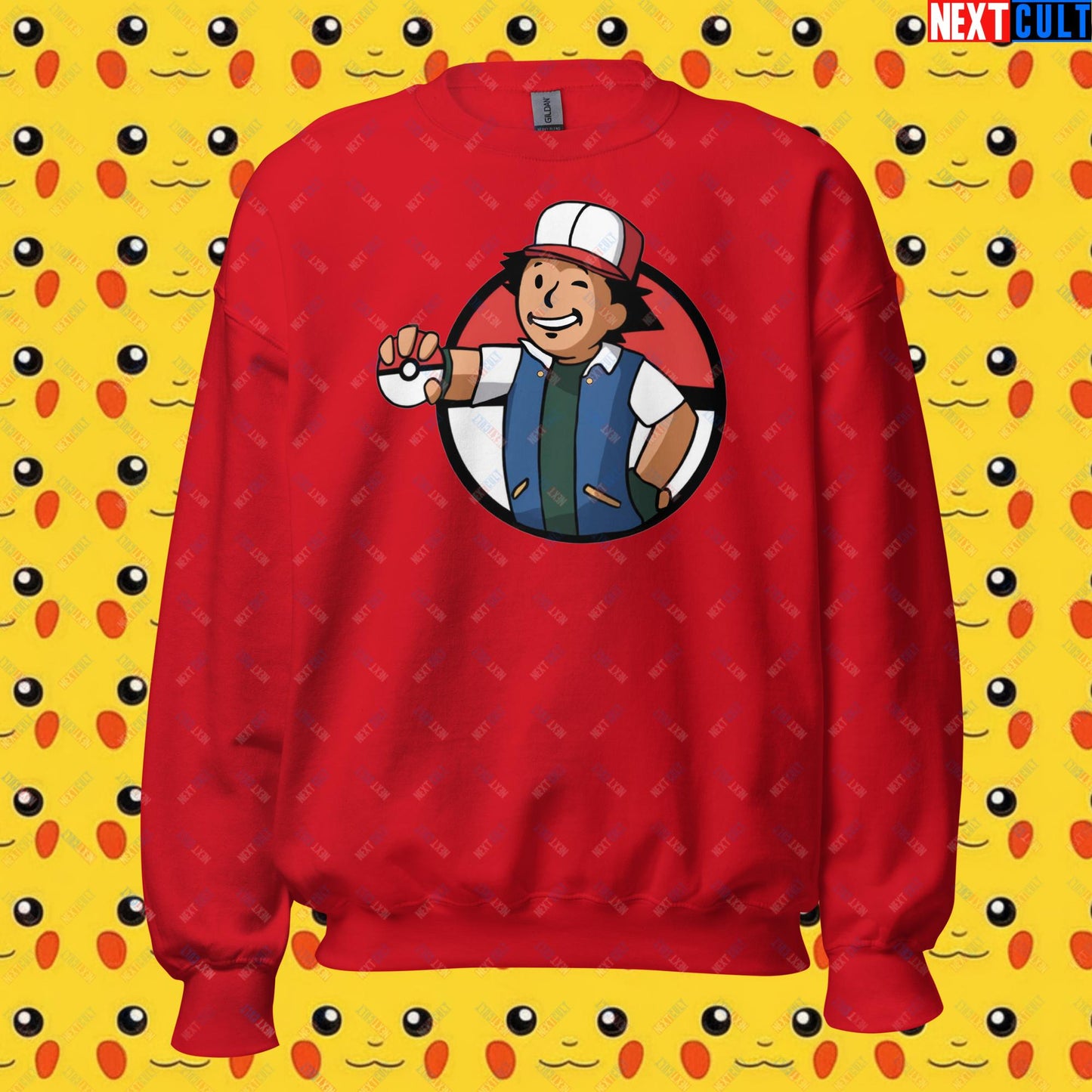 Pokemon Vault Boy Fallout Funny Meme Cartoon Mashup Unisex Sweatshirt Red Sweatshirts Fallout Pokemon TV Shows Vault Boy Next Cult Brand