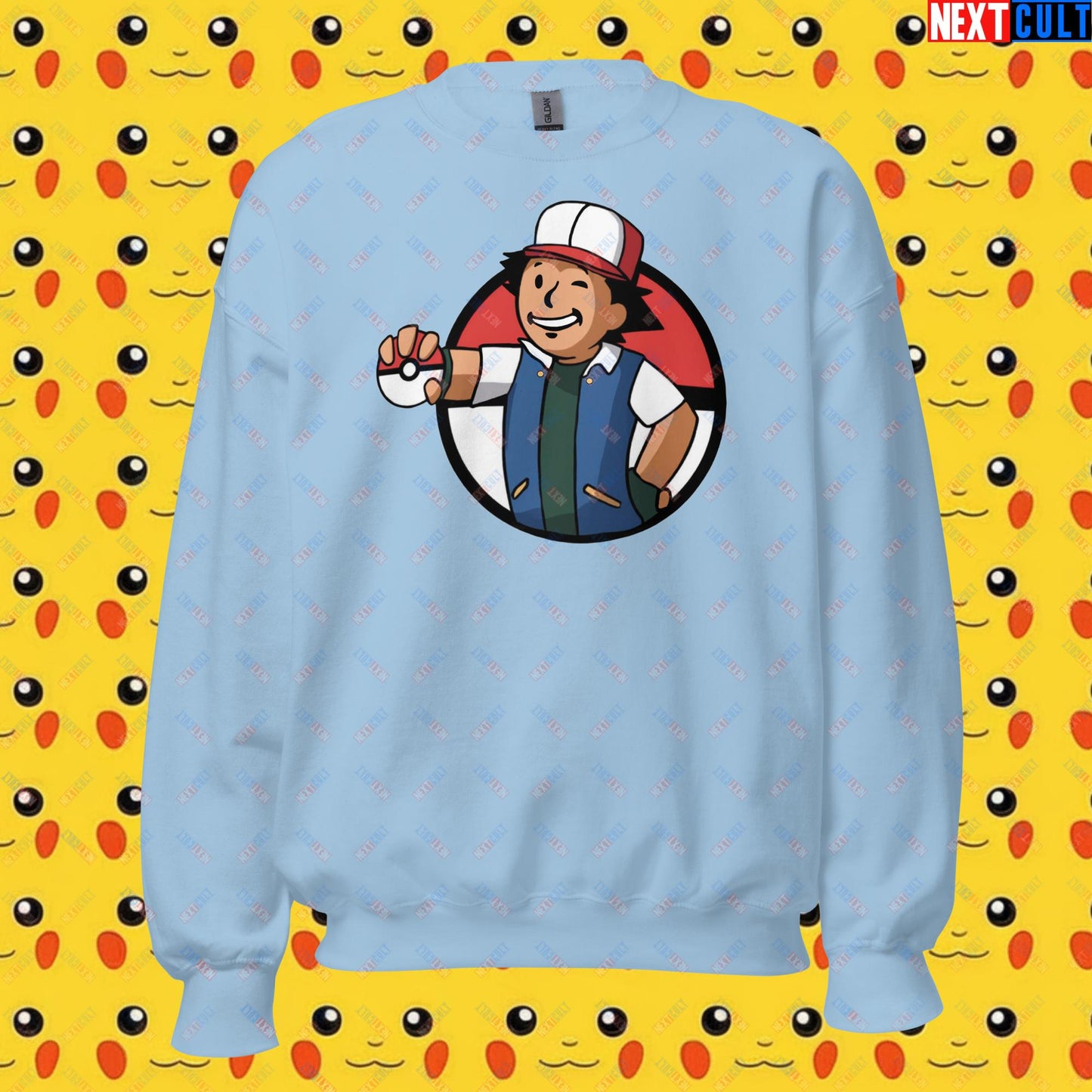 Pokemon Vault Boy Fallout Funny Meme Cartoon Mashup Unisex Sweatshirt Light Blue Sweatshirts Fallout Pokemon TV Shows Vault Boy Next Cult Brand