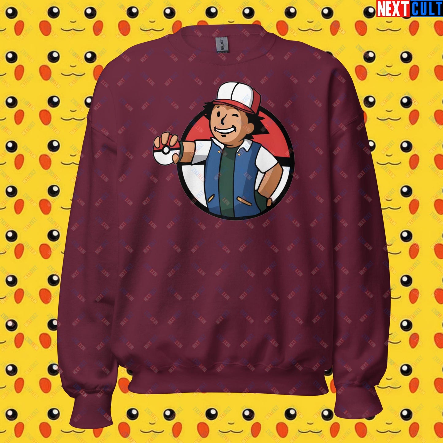 Pokemon Vault Boy Fallout Funny Meme Cartoon Mashup Unisex Sweatshirt Maroon Sweatshirts Fallout Pokemon TV Shows Vault Boy Next Cult Brand