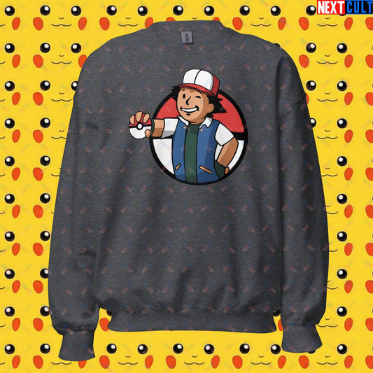 Pokemon Vault Boy Fallout Funny Meme Cartoon Mashup Unisex Sweatshirt Dark Heather Sweatshirts Fallout Pokemon TV Shows Vault Boy Next Cult Brand