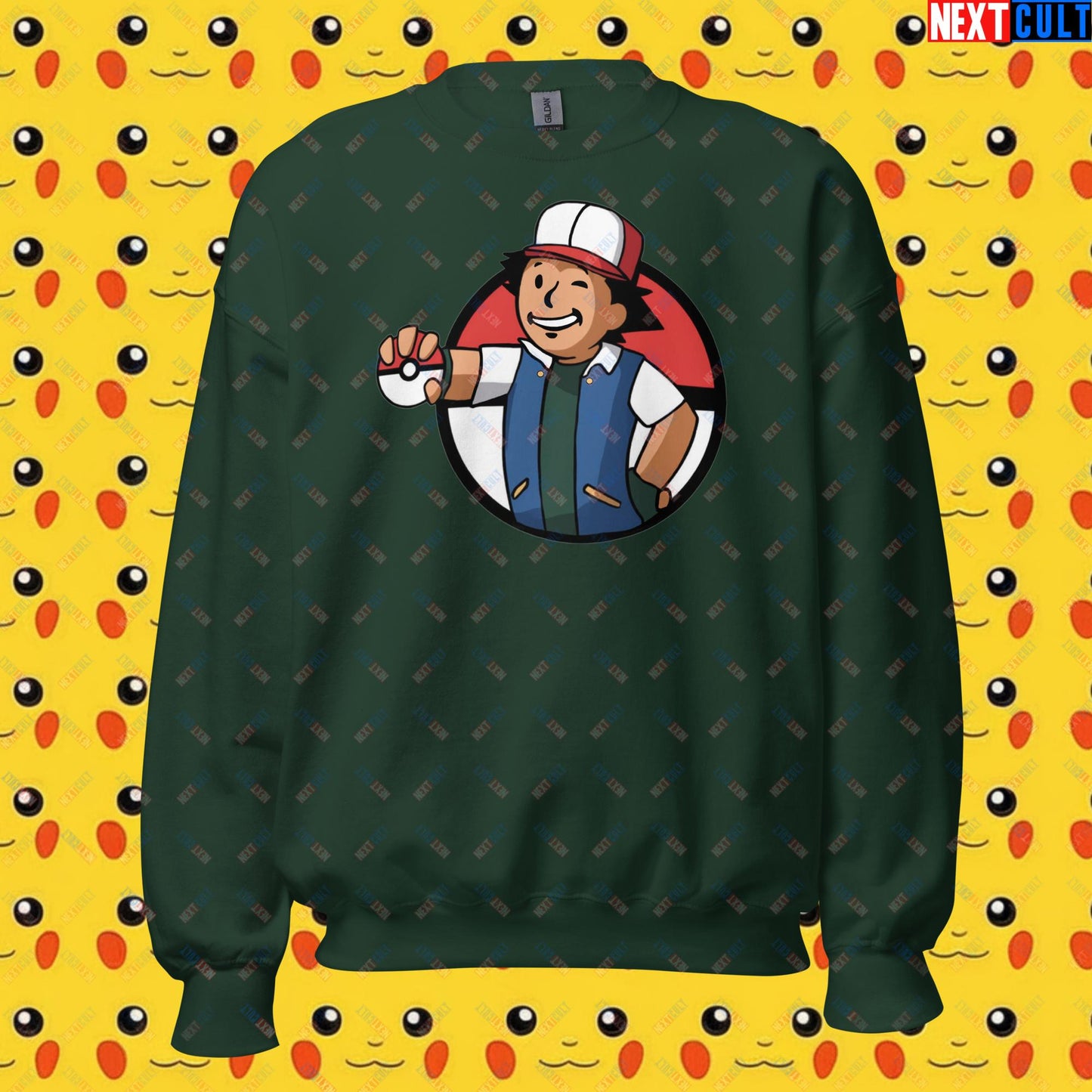 Pokemon Vault Boy Fallout Funny Meme Cartoon Mashup Unisex Sweatshirt Forest Green Sweatshirts Fallout Pokemon TV Shows Vault Boy Next Cult Brand