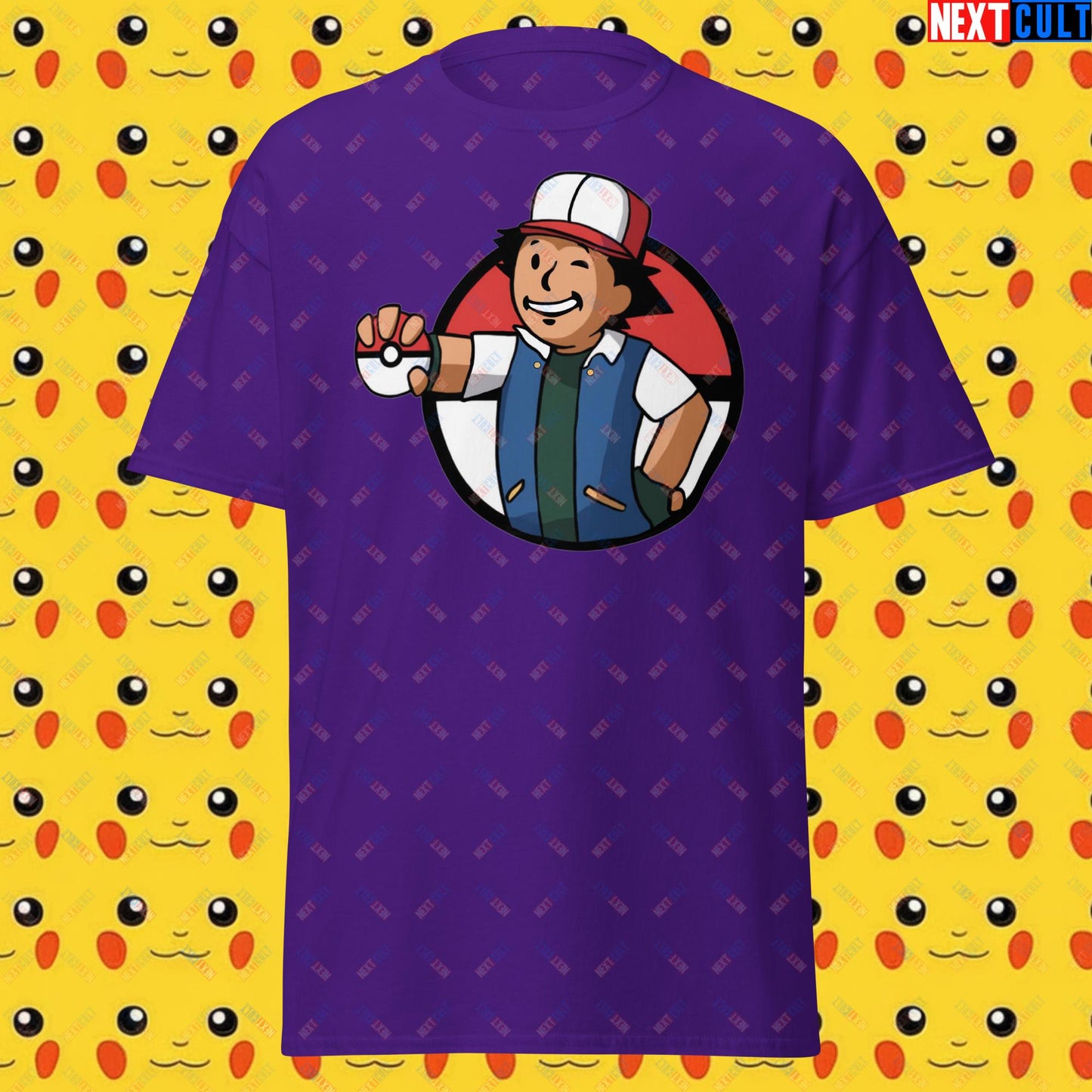 Pokemon Vault Boy Fallout Funny Meme Cartoon Mashup Unisex classic tee Purple T-shirts Fallout Pokemon TV Shows Vault Boy Next Cult Brand