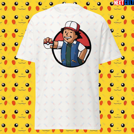 Pokemon Vault Boy Fallout Funny Meme Cartoon Mashup Unisex classic tee White T-shirts Fallout Pokemon TV Shows Vault Boy Next Cult Brand
