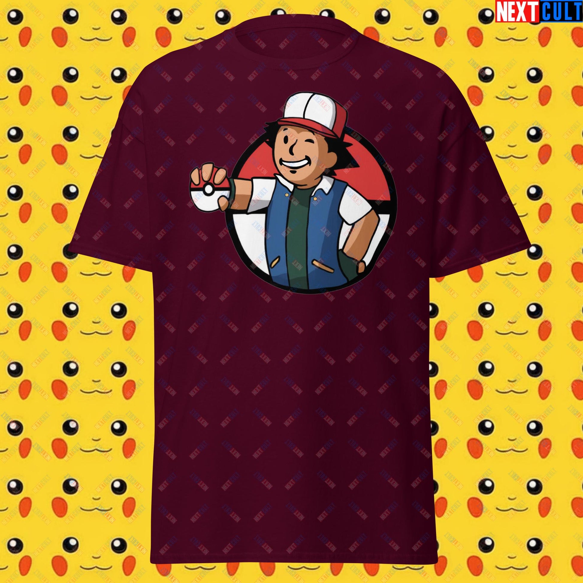 Pokemon Vault Boy Fallout Funny Meme Cartoon Mashup Unisex classic tee Maroon T-shirts Fallout Pokemon TV Shows Vault Boy Next Cult Brand