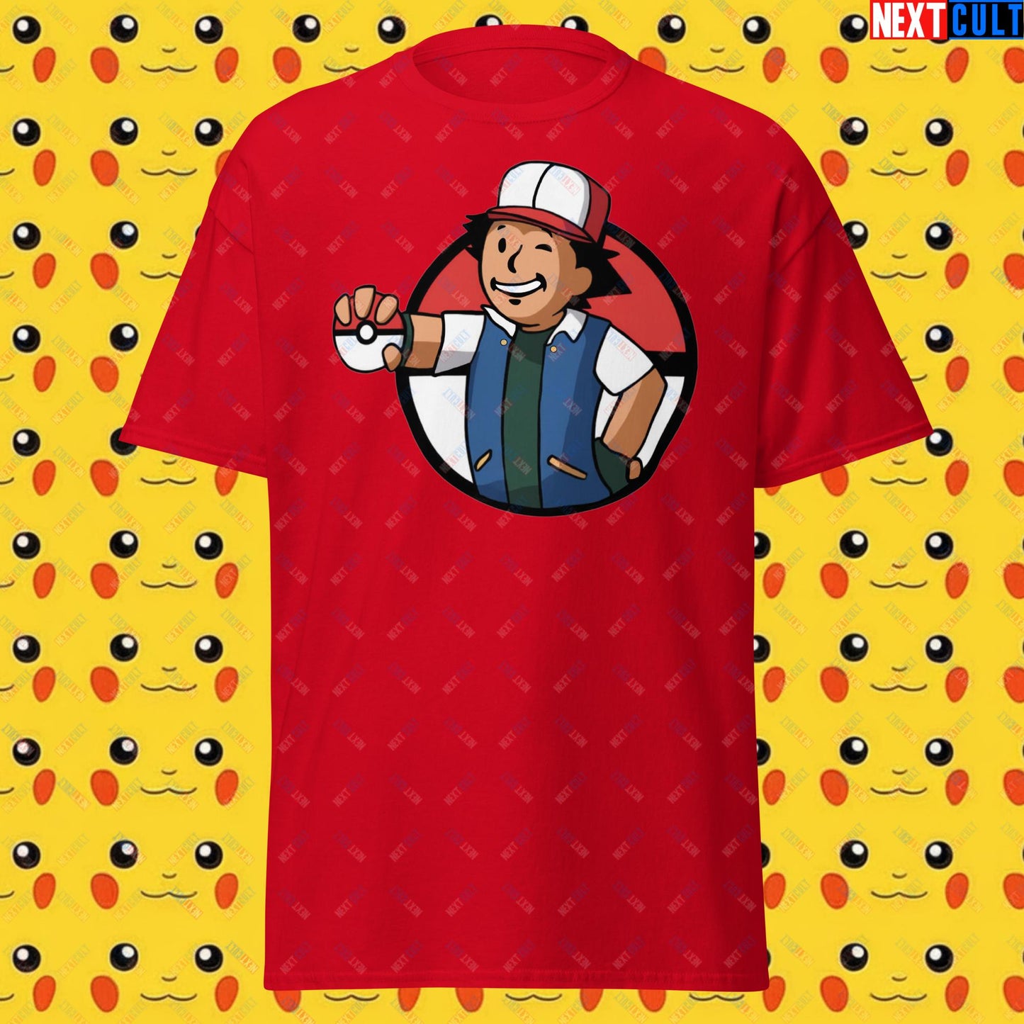 Pokemon Vault Boy Fallout Funny Meme Cartoon Mashup Unisex classic tee Red T-shirts Fallout Pokemon TV Shows Vault Boy Next Cult Brand