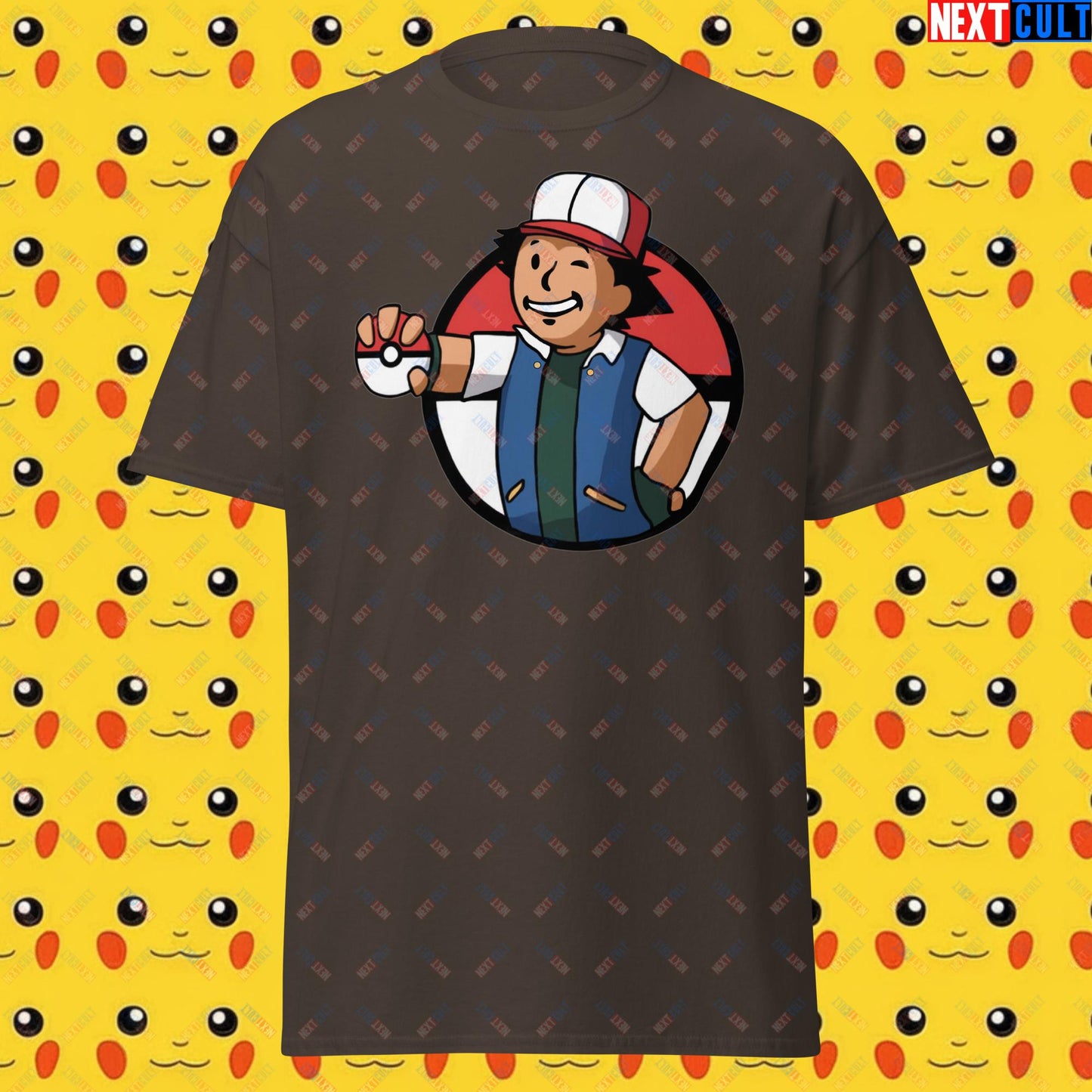 Pokemon Vault Boy Fallout Funny Meme Cartoon Mashup Unisex classic tee Dark Chocolate T-shirts Fallout Pokemon TV Shows Vault Boy Next Cult Brand