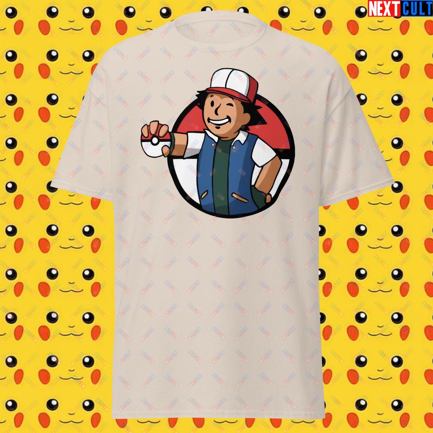 Pokemon Vault Boy Fallout Funny Meme Cartoon Mashup Unisex classic tee Natural T-shirts Fallout Pokemon TV Shows Vault Boy Next Cult Brand