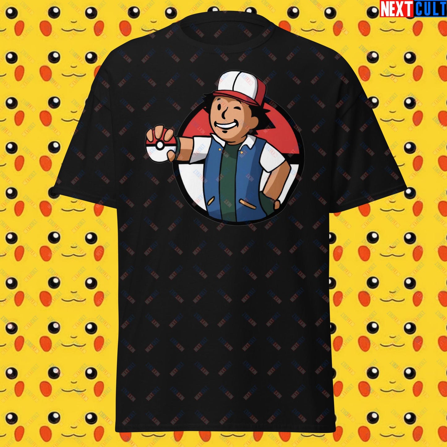 Pokemon Vault Boy Fallout Funny Meme Cartoon Mashup Unisex classic tee Black T-shirts Fallout Pokemon TV Shows Vault Boy Next Cult Brand