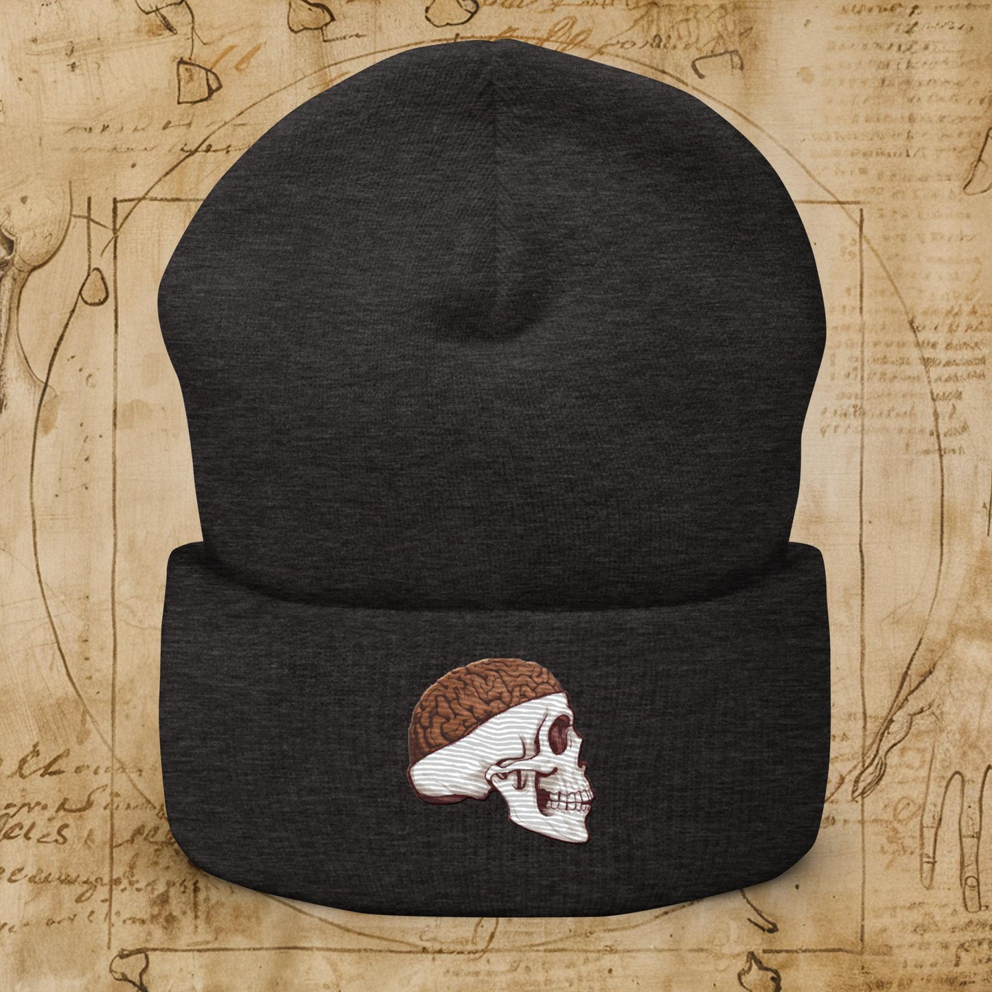 Poop Brain Anatomy Funny Leonardo da Vinci Drawing Cuffed Beanie Dark Grey Hats Brains Feelings Leonardo da Vinci Life Next Cult Brand