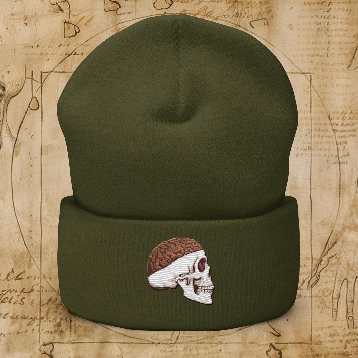 Poop Brain Anatomy Funny Leonardo da Vinci Drawing Cuffed Beanie Olive Hats Brains Feelings Leonardo da Vinci Life Next Cult Brand