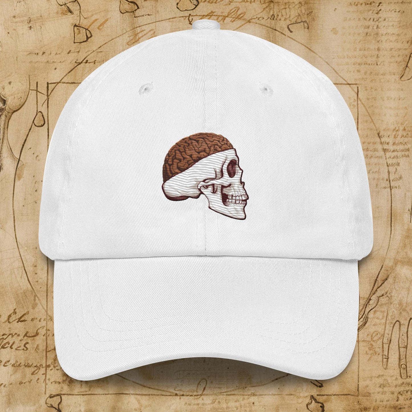 Poop Brain Anatomy Funny Leonardo da Vinci Drawing Dad hat White Hats Brains Feelings Leonardo da Vinci Life Next Cult Brand
