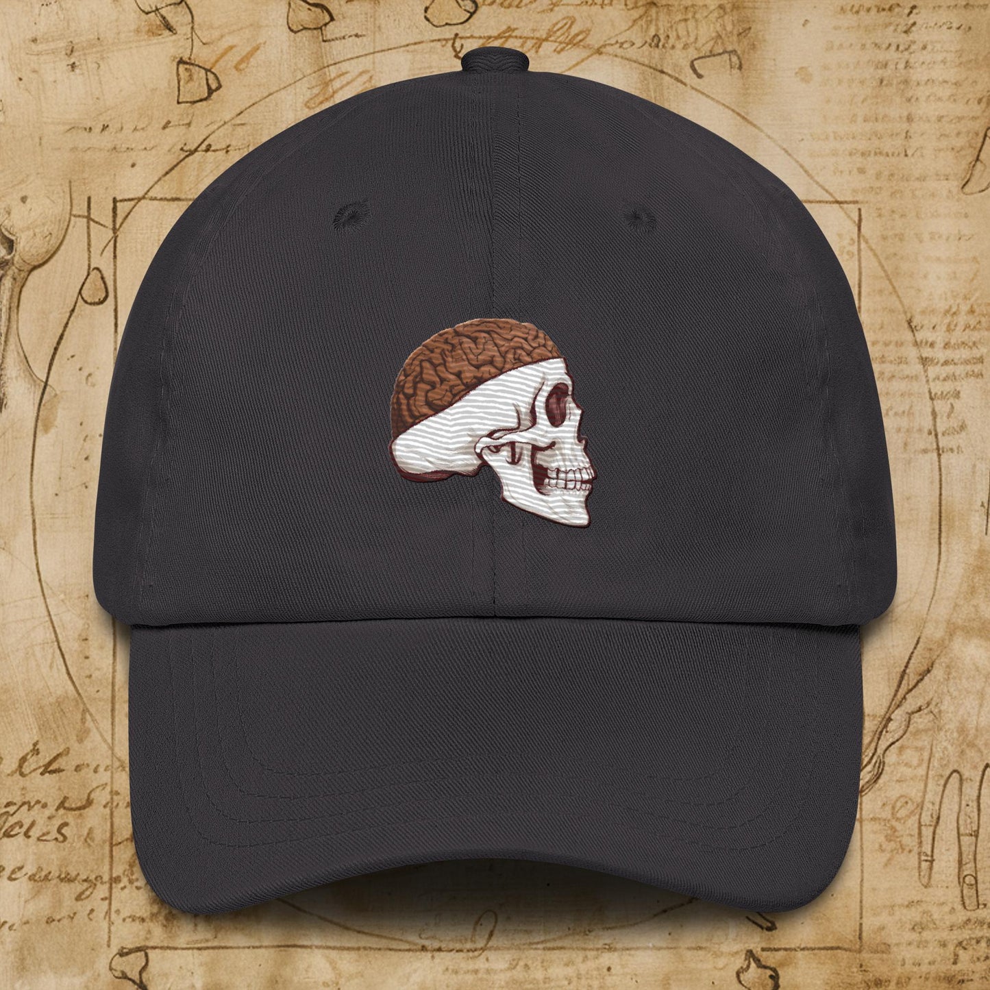 Poop Brain Anatomy Funny Leonardo da Vinci Drawing Dad hat Dark Grey Hats Brains Feelings Leonardo da Vinci Life Next Cult Brand