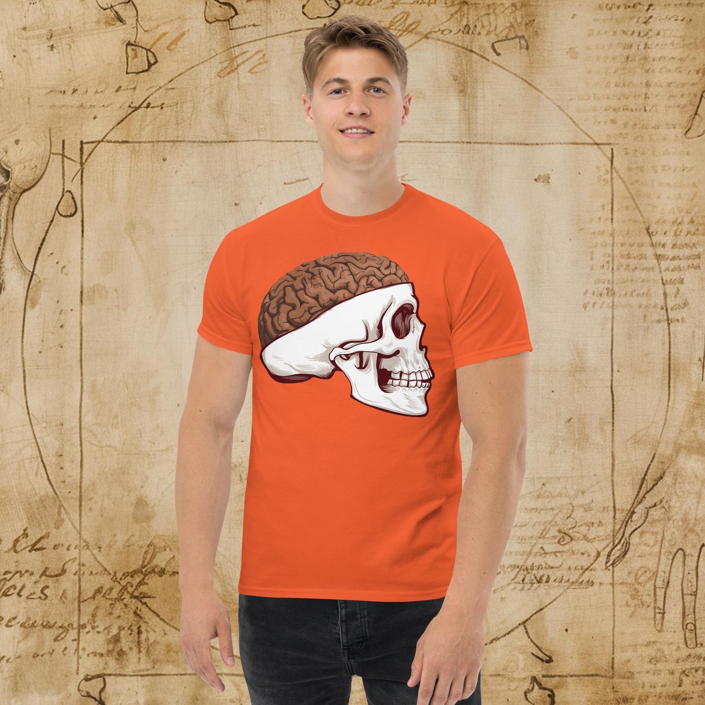 Poop Brain Anatomy Funny Leonardo da Vinci Drawing Unisex tee Orange T-shirts Brains Feelings Leonardo da Vinci Life Next Cult Brand
