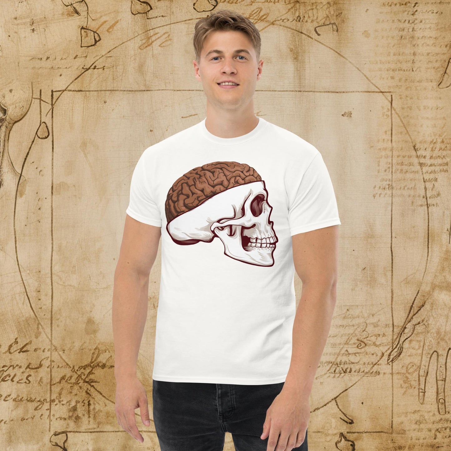 Poop Brain Anatomy Funny Leonardo da Vinci Drawing Unisex tee White T-shirts Brains Feelings Leonardo da Vinci Life Next Cult Brand