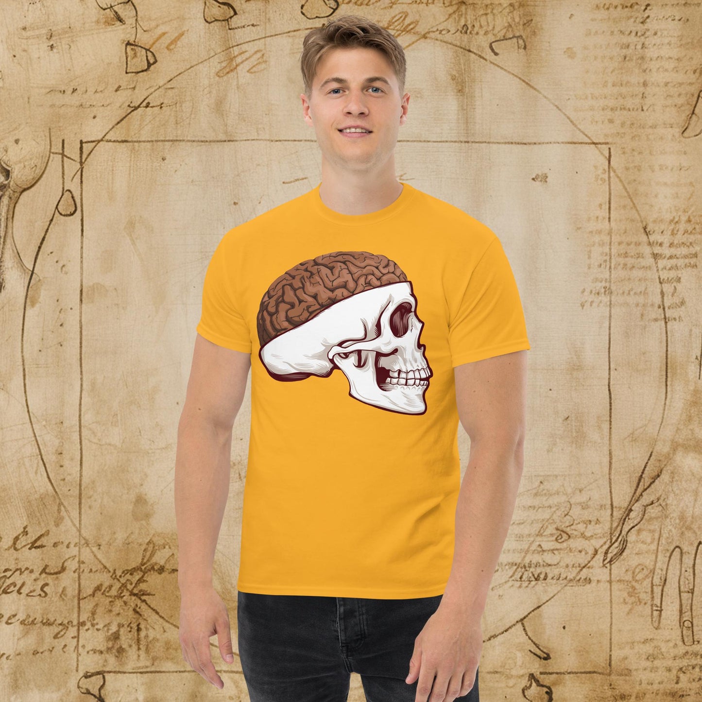 Poop Brain Anatomy Funny Leonardo da Vinci Drawing Unisex tee Gold T-shirts Brains Feelings Leonardo da Vinci Life Next Cult Brand