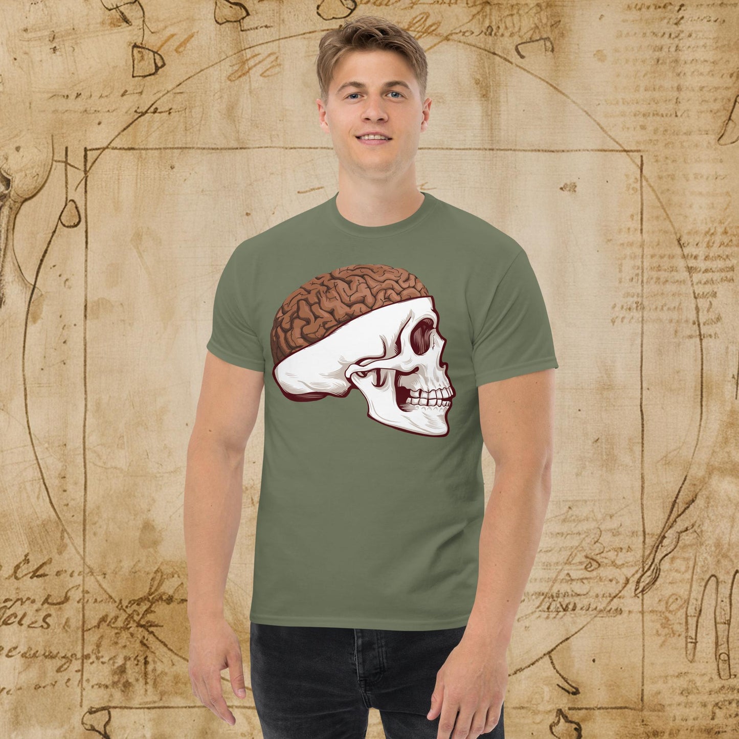 Poop Brain Anatomy Funny Leonardo da Vinci Drawing Unisex tee Military Green T-shirts Brains Feelings Leonardo da Vinci Life Next Cult Brand