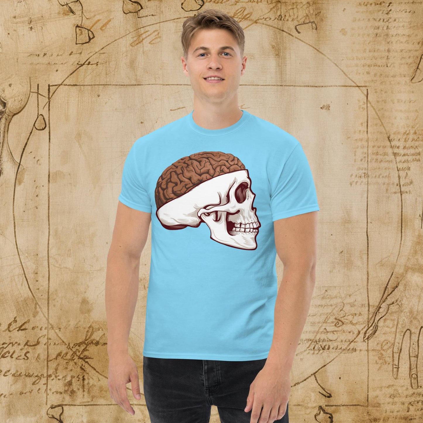 Poop Brain Anatomy Funny Leonardo da Vinci Drawing Unisex tee Sky T-shirts Brains Feelings Leonardo da Vinci Life Next Cult Brand