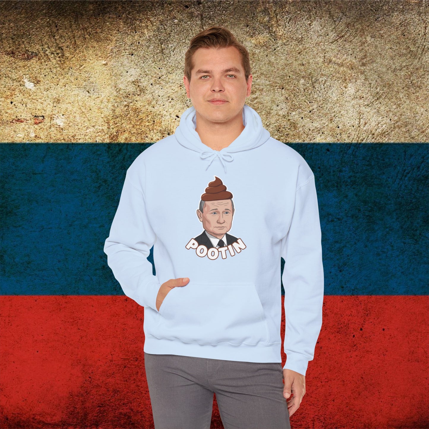 Pootin Funny Anti Vladimir Putin Unisex Heavy Blend Hooded Sweatshirt Light Blue Hoodies Politics Vladimir Putin Printify