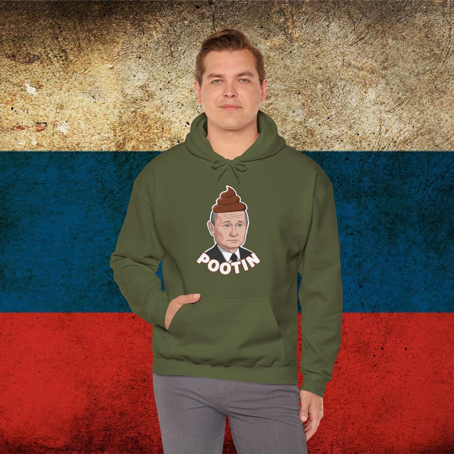 Pootin Funny Anti Vladimir Putin Unisex Heavy Blend Hooded Sweatshirt Military Green Hoodies Politics Vladimir Putin Printify