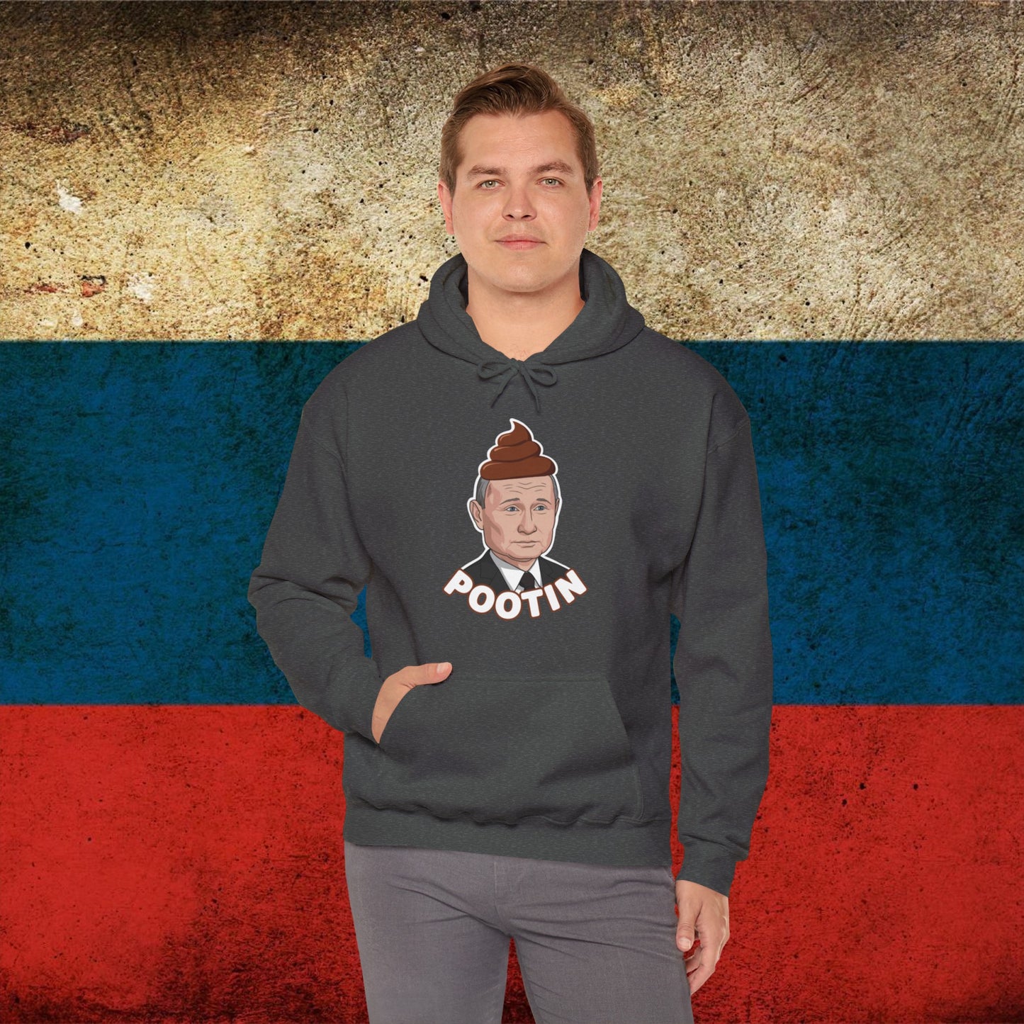 Pootin Funny Anti Vladimir Putin Unisex Heavy Blend Hooded Sweatshirt Dark Heather Hoodies Politics Vladimir Putin Printify